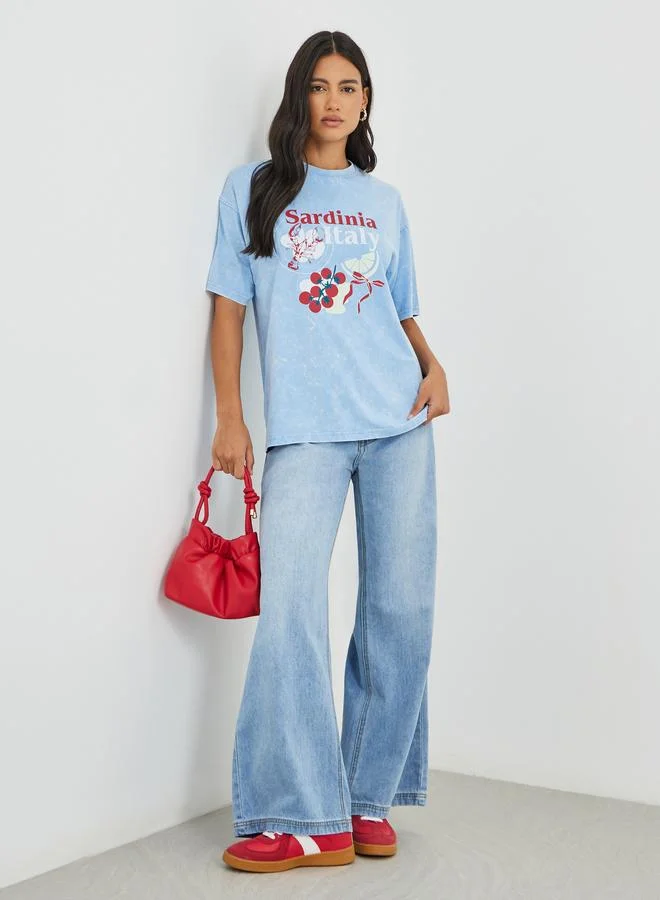 Styli Styli Sardinia Italy Graphic Print Acid Washed Oversized T-Shirt