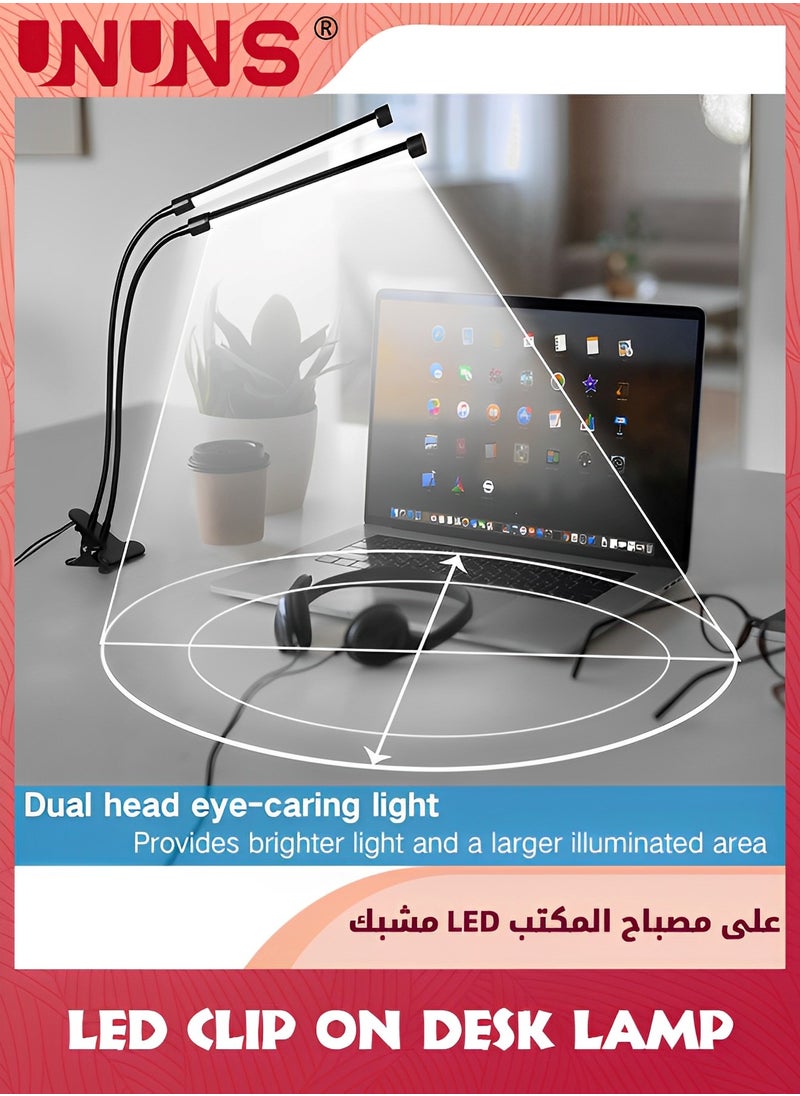 UNUNS - USB Clip Table Lamp,Dual Head Bright Eye-Care 3 Color Mode Desk Lamp with Clamp,5 Level Dimmer Clip On Light,360 °Adjustable Clip On Desk Lamp For Reading,Working,Bedroom,Music Stand - Image 1