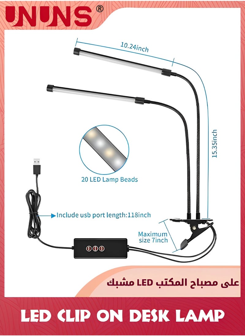 UNUNS - USB Clip Table Lamp,Dual Head Bright Eye-Care 3 Color Mode Desk Lamp with Clamp,5 Level Dimmer Clip On Light,360 °Adjustable Clip On Desk Lamp For Reading,Working,Bedroom,Music Stand - Image 1