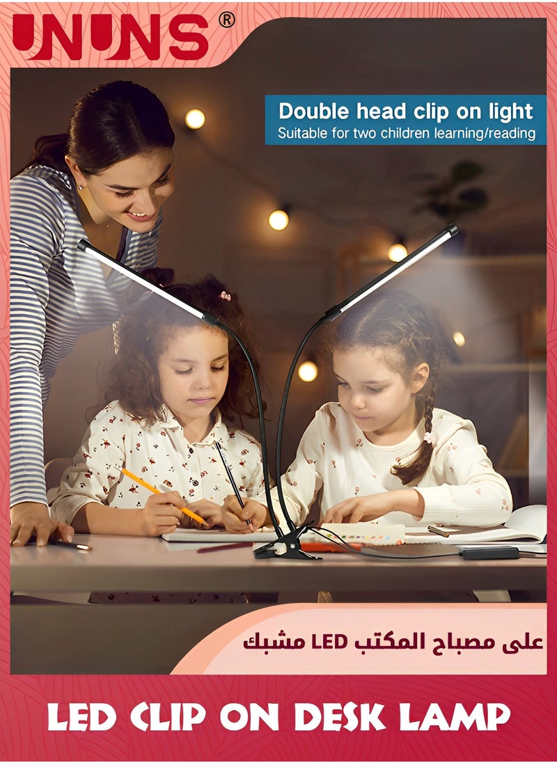 UNUNS - USB Clip Table Lamp,Dual Head Bright Eye-Care 3 Color Mode Desk Lamp with Clamp,5 Level Dimmer Clip On Light,360 °Adjustable Clip On Desk Lamp For Reading,Working,Bedroom,Music Stand - Image 1