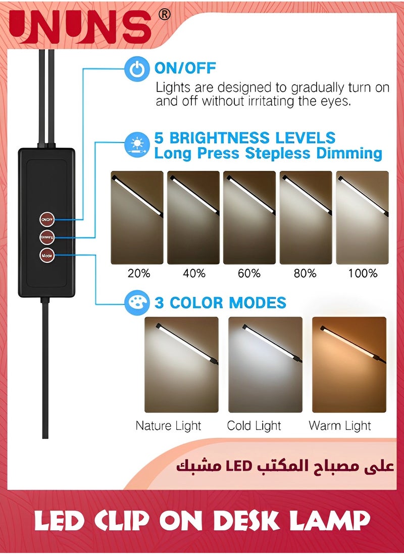 UNUNS - USB Clip Table Lamp,Dual Head Bright Eye-Care 3 Color Mode Desk Lamp with Clamp,5 Level Dimmer Clip On Light,360 °Adjustable Clip On Desk Lamp For Reading,Working,Bedroom,Music Stand - Image 1