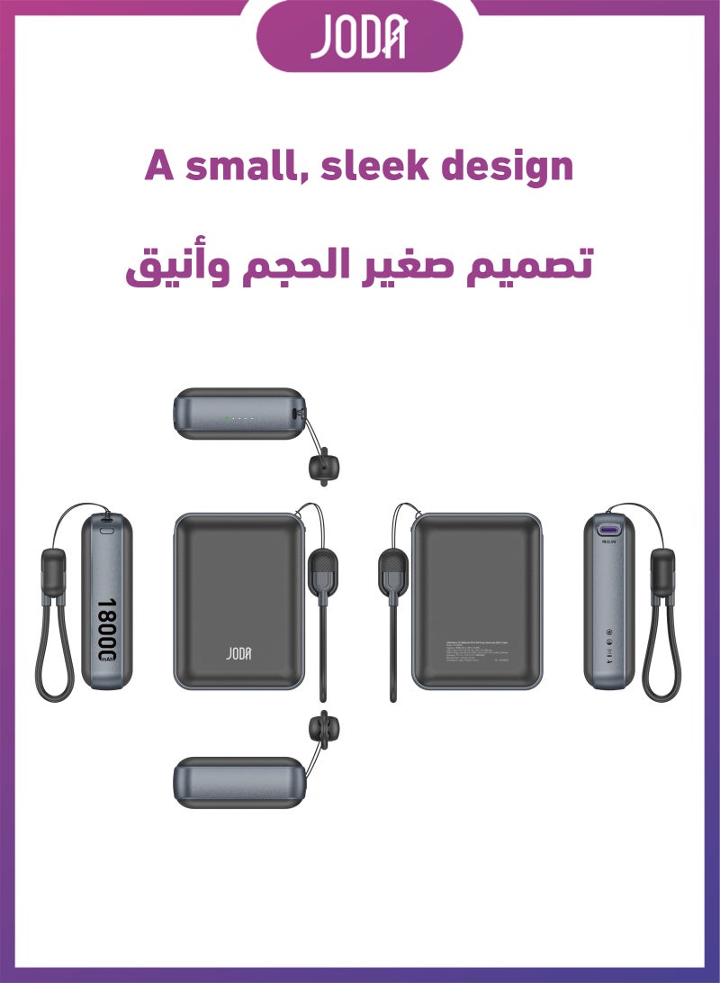 JODA Metix 18 Power Bank 18000mAh 22.5W PD With Cabel USB-C  Portable Charger ⚡🔋Fast Charging Power Bank ⚡18000 mAh Power Bank 🔋USB-C Power Bank 🔌PD Fast Charging Power Bank ⚡3-Port Power Bank 📱22.5W Fast Charger ⚡Power Bank for Smartphones 📱USB-A and USB-C Charger 🔌Portable Power Bank for Travel ✈️Charger for iPhone & Samsung 📱 - Image 4