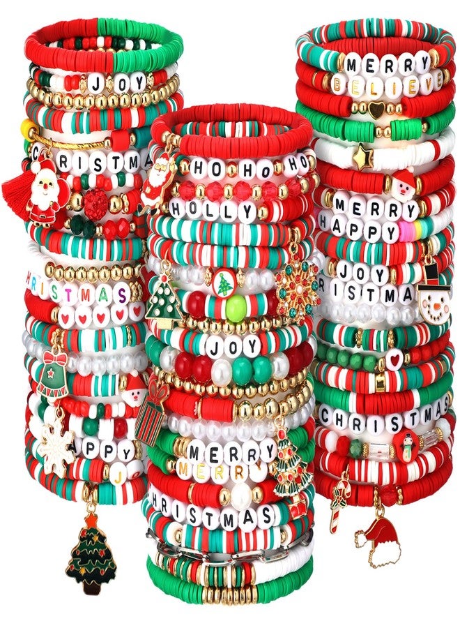 Landical 64 Pieces Merry Christmas Bracelets Joy Xmas Beaded Bracelets Bulk Stackable Clay Stretch Friendship Beaded Jewelry Outfits for Women - Image 1