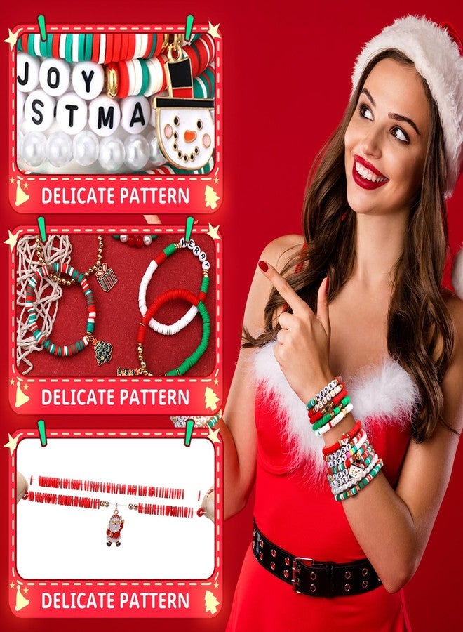 Landical 64 Pieces Merry Christmas Bracelets Joy Xmas Beaded Bracelets Bulk Stackable Clay Stretch Friendship Beaded Jewelry Outfits for Women - Image 4