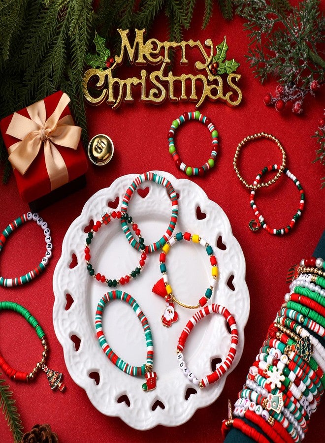 Landical 64 Pieces Merry Christmas Bracelets Joy Xmas Beaded Bracelets Bulk Stackable Clay Stretch Friendship Beaded Jewelry Outfits for Women - Image 5