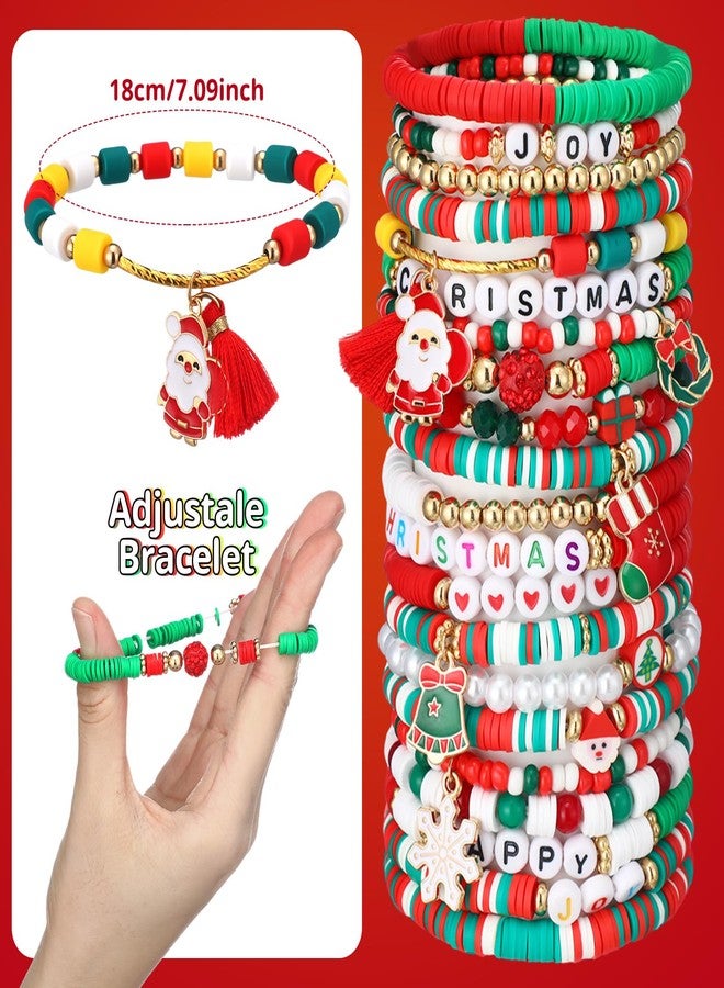 Landical 64 Pieces Merry Christmas Bracelets Joy Xmas Beaded Bracelets Bulk Stackable Clay Stretch Friendship Beaded Jewelry Outfits for Women - Image 3