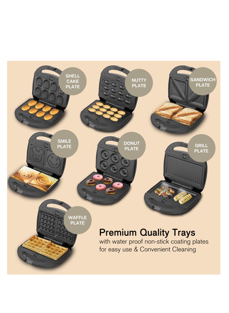 SONASHI 7-In-1 Non-Stick Multi Snack Maker with Detachable Sandwich/Grill/Waffle/Donut/Nutty/Smile/Shell Cake Plates | Compact Body with Cool-touch Handle | Indicator Light with Auto Cut-OFF feature | Anti-skid Feet | 2 Slices 800 W SSM-862N Black/Silver - Image 4