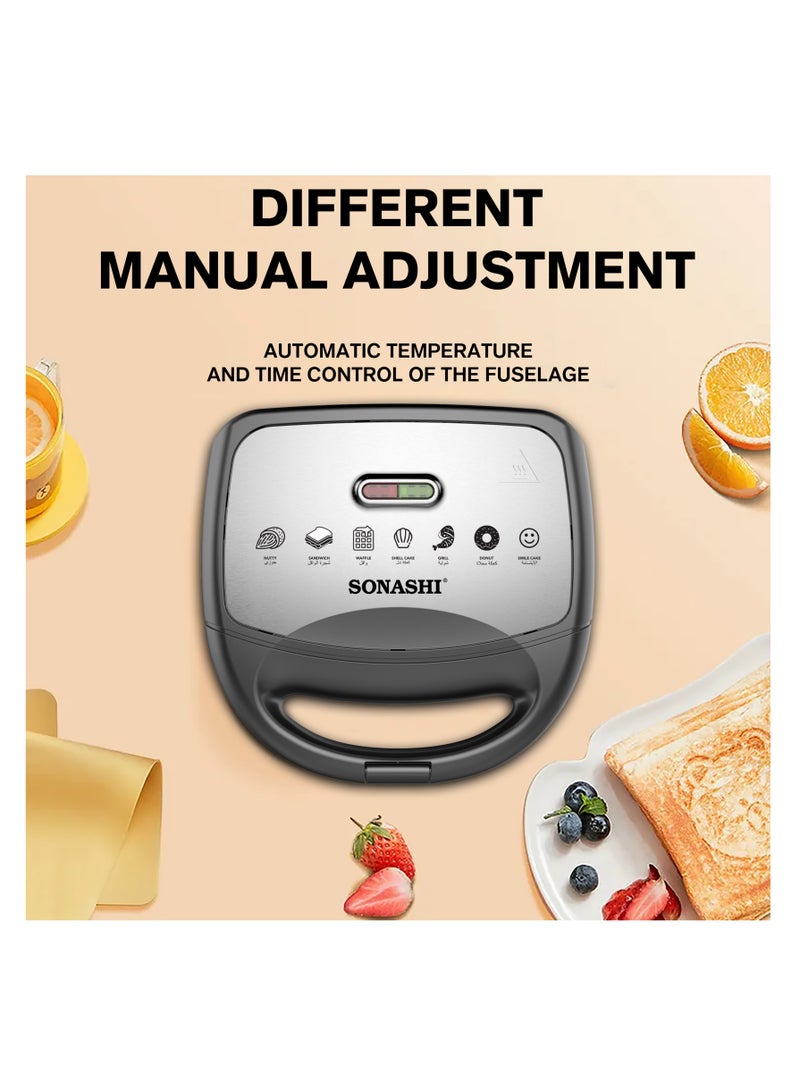 SONASHI 7-In-1 Non-Stick Multi Snack Maker with Detachable Sandwich/Grill/Waffle/Donut/Nutty/Smile/Shell Cake Plates | Compact Body with Cool-touch Handle | Indicator Light with Auto Cut-OFF feature | Anti-skid Feet | 2 Slices 800 W SSM-862N Black/Silver - Image 2