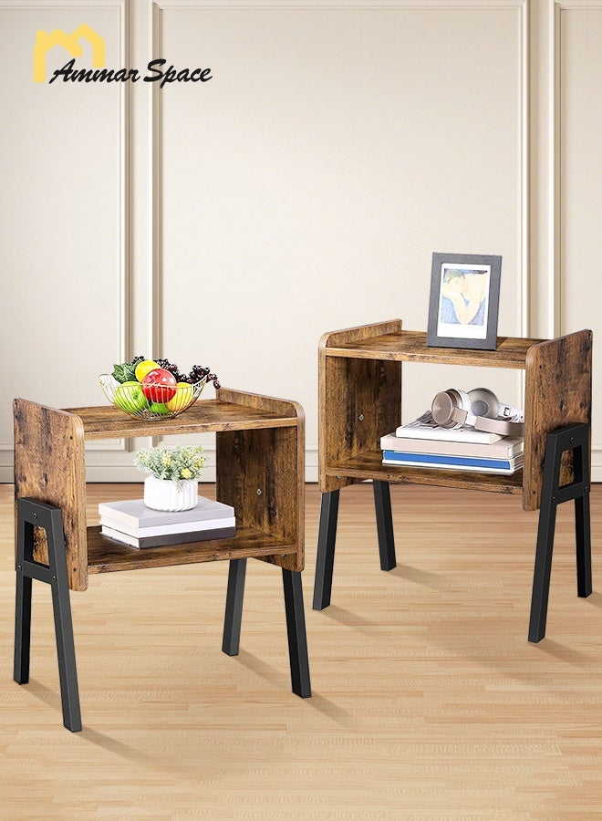 مساحة عمار مجموعة طاولات جانبية بمقاس 36.8*30*45 سم، طاولتان جانبيتان قابلتان للتكديس، وطاولة جانبية مع رف تخزين مفتوح، وطاولات جانبية حديثة من طبقتين، وطاولة بجانب السرير للمنزل وغرفة النوم وغرفة المعيشة - Image 1