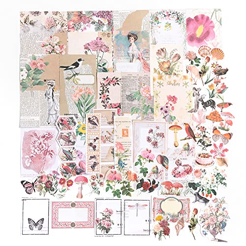 Alideco 200pcs Vintage Scrapbook Supplies Kit Kawaii Mushrooms, Flowers Scrapbooking Paper Washi Bullet Journals Planners Collage Album Aesthetic Cottagecore - Image 1