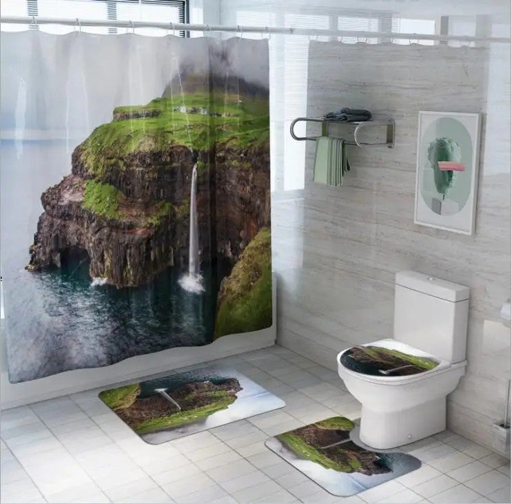 Y&D New 4PCS Polyester Shower Curtain Waterproof Bath Rug Mat Set Rug Toilet Lid Cover Floor Carpet Foot Pad Set for Home Bathroom - Image 1