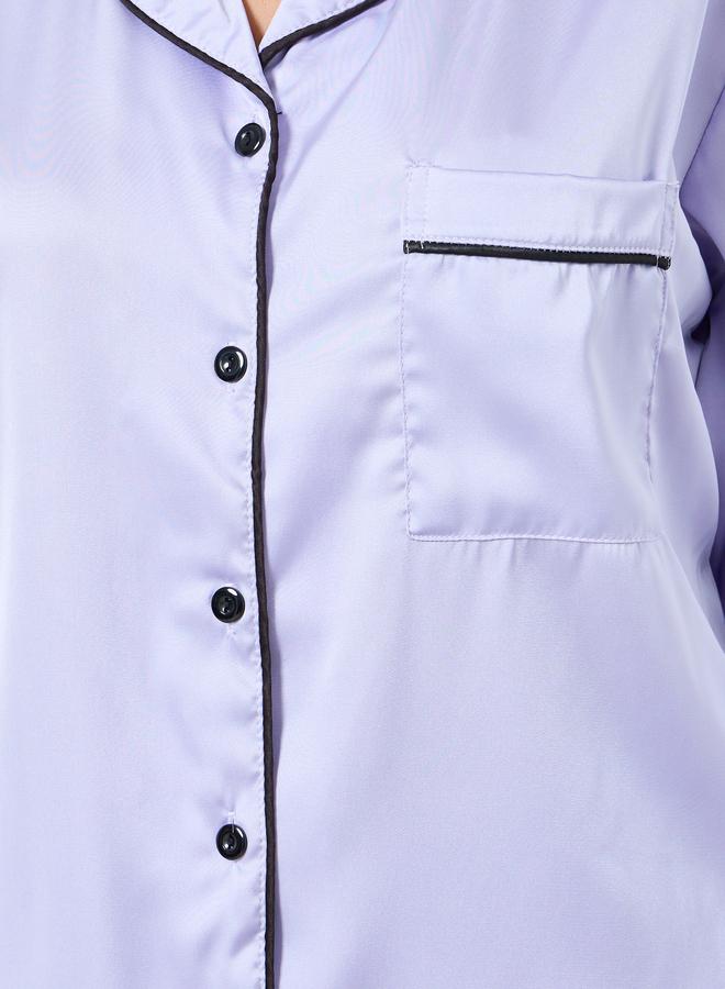 Styli Matte Satin Piped Detail Pocket Shirt and Pyjama Set - Image 4