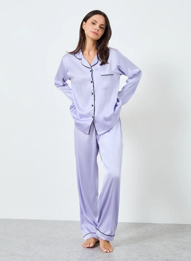 Styli Matte Satin Piped Detail Pocket Shirt and Pyjama Set