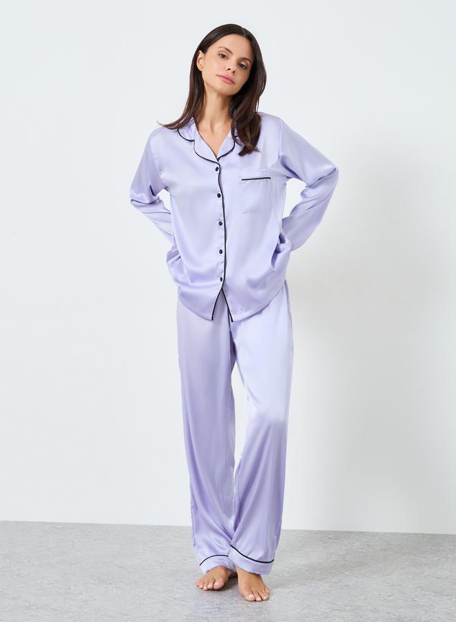 Styli Matte Satin Piped Detail Pocket Shirt and Pyjama Set - Image 2