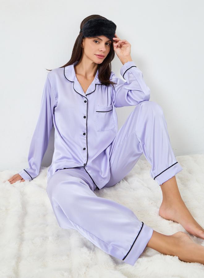 Styli Matte Satin Piped Detail Pocket Shirt and Pyjama Set - Image 1