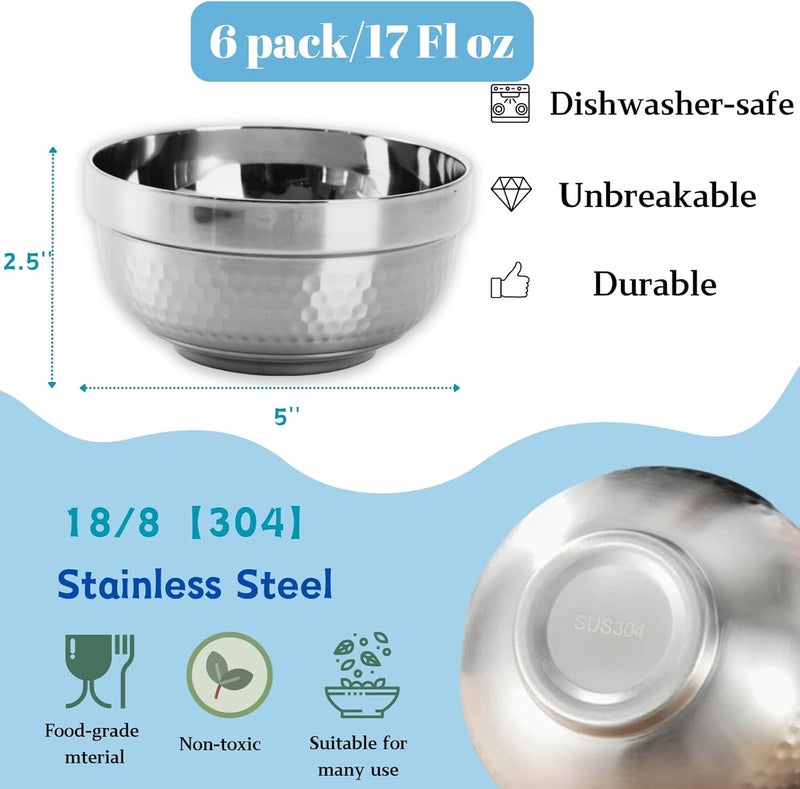 ZENFUN 6 Pack 18/8 Stainless Steel Bowls, 17 Oz Soup Bowl Double-walled Insulated Bowls, 5 Inch Snack Cereal Bowl for Rice, Fruit, Salad Ice cream, Food-grade - Image 2