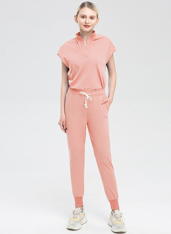 Loquat Womens Fashion Medical Uniform Scrubs 2 Piece Set Stand Collar Top and Elastic Waist Jogger Pants Suit Pink  - Image 1