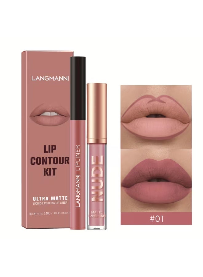 LANGMANNI 2pcs Set of LANGMANNI Lip Gloss + Lip Liner, Long-Lasting Matte Lip Color That Doesn'T Transfer - Image 1