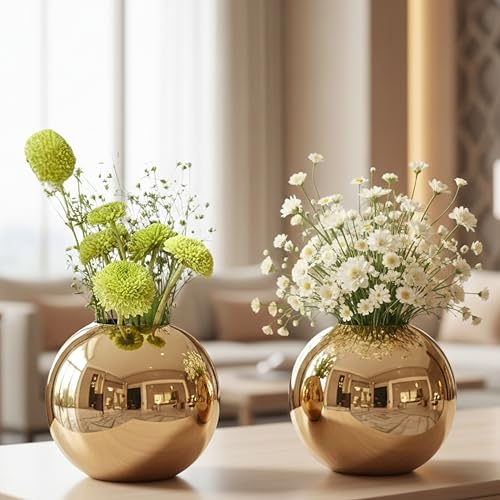 BEHOMA Metal Ball Round Metal Vase Set of 2 for Home Décor Decorative Flower Pot for Valentine’s Day | Perfect Couple Gift for Wedding, Anniversary, Birthday | Gold, Small (Flower Not Included) - Image 1