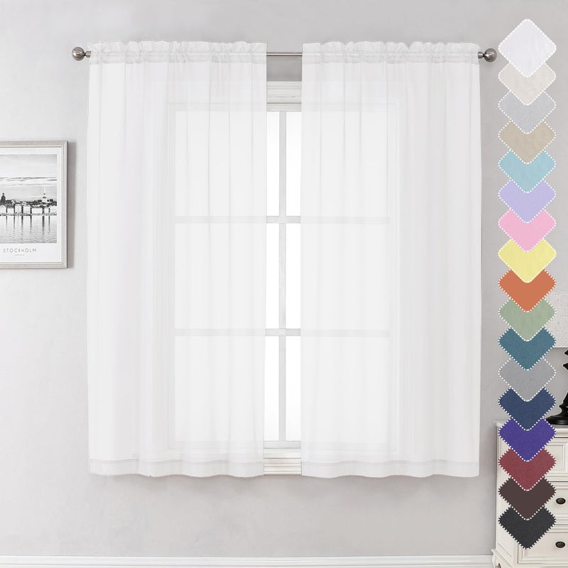 Lecloud White Sheer Curtains 63 Inch Length 2 Panels, Elegant Voile Drapes for Dinning Small Windows, Light Filtering Gauzy Curtain for Living Room Bedroom Bathroom, Dual Rod Pocket, 40" W x 63" L - Image 1