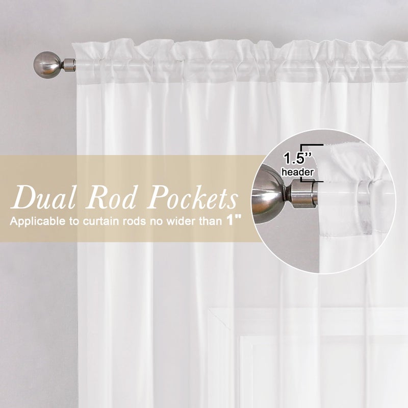 Lecloud White Sheer Curtains 63 Inch Length 2 Panels, Elegant Voile Drapes for Dinning Small Windows, Light Filtering Gauzy Curtain for Living Room Bedroom Bathroom, Dual Rod Pocket, 40" W x 63" L - Image 2
