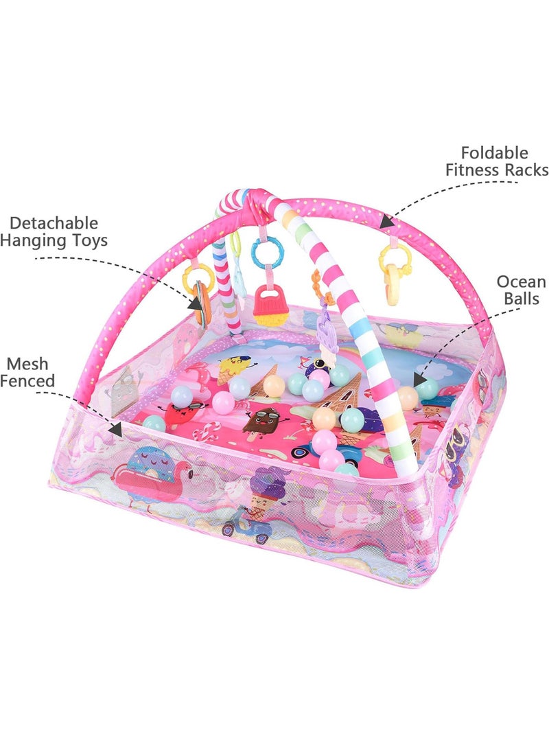 Baby Playmats Floor Gyms from Birth, 18 Balls, 5PCS Hanging Toys, Soft Baby Play Activity Gym Playmats Floor Gyms for 0-24Months (Pink) - Image 3
