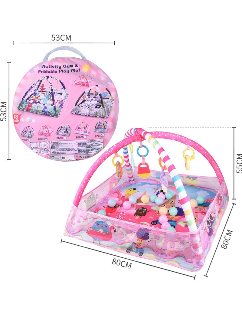 Baby Playmats Floor Gyms from Birth, 18 Balls, 5PCS Hanging Toys, Soft Baby Play Activity Gym Playmats Floor Gyms for 0-24Months (Pink) - Image 2