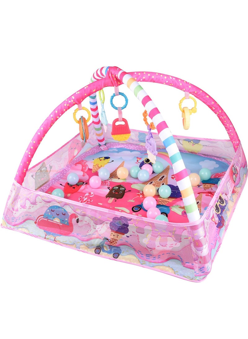 Baby Playmats Floor Gyms from Birth, 18 Balls, 5PCS Hanging Toys, Soft Baby Play Activity Gym Playmats Floor Gyms for 0-24Months (Pink) - Image 1