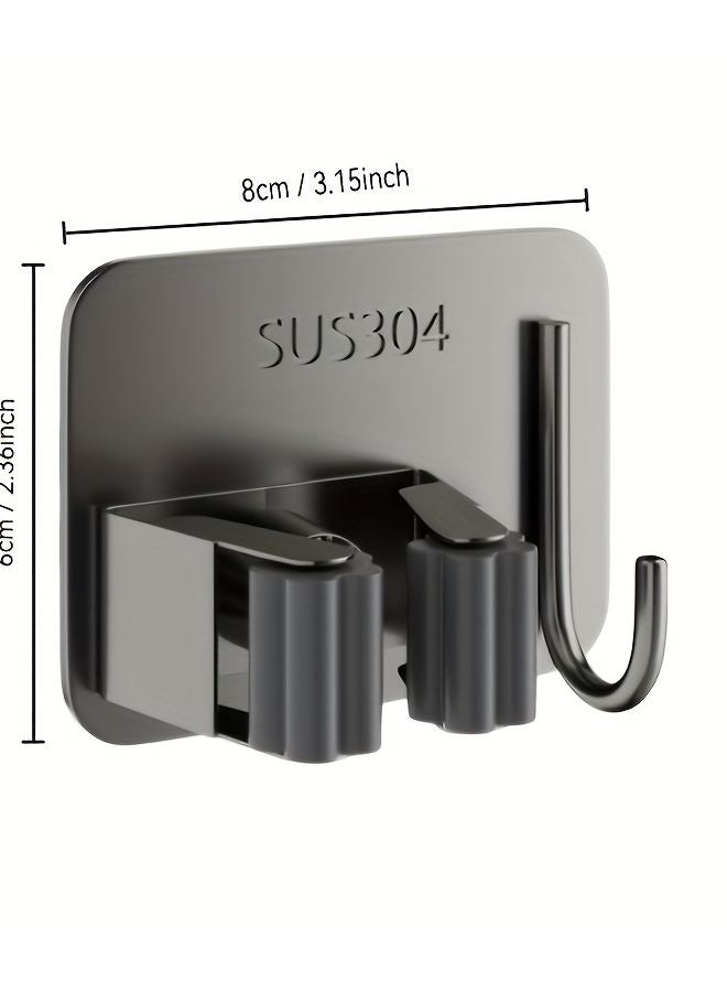 Black Single Clip With Hook 2pcs Stainless Steel Mop Broom Rack Wall Mounted Drill Free Waterproof Storage Box - Image 5