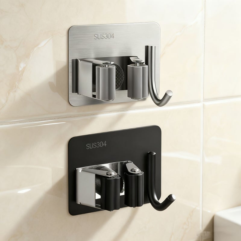 Black Single Clip With Hook 2pcs Stainless Steel Mop Broom Rack Wall Mounted Drill Free Waterproof Storage Box - Image 3