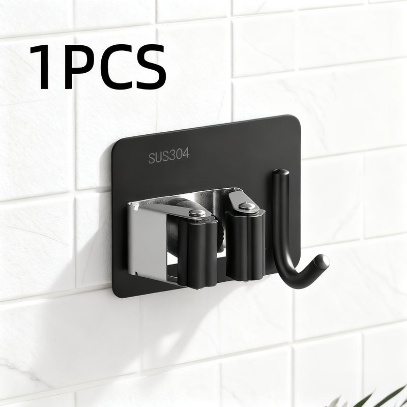 Black Single Clip With Hook 2pcs Stainless Steel Mop Broom Rack Wall Mounted Drill Free Waterproof Storage Box - Image 1