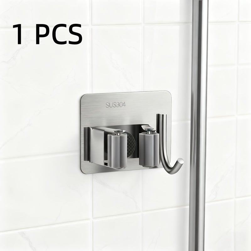Black Single Clip With Hook 2pcs Stainless Steel Mop Broom Rack Wall Mounted Drill Free Waterproof Storage Box - Image 4