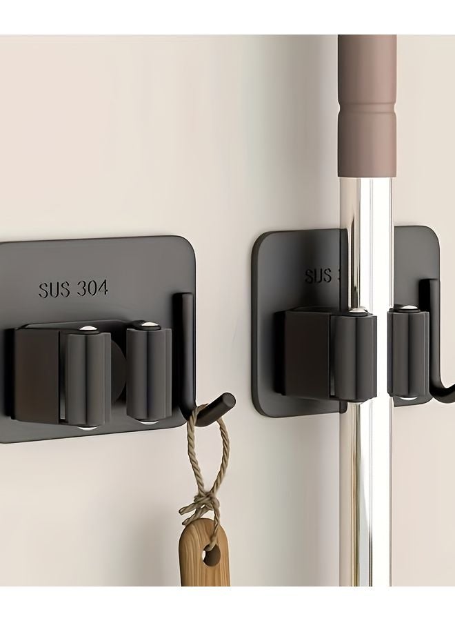 Black Single Clip With Hook 2pcs Stainless Steel Mop Broom Rack Wall Mounted Drill Free Waterproof Storage Box - Image 2