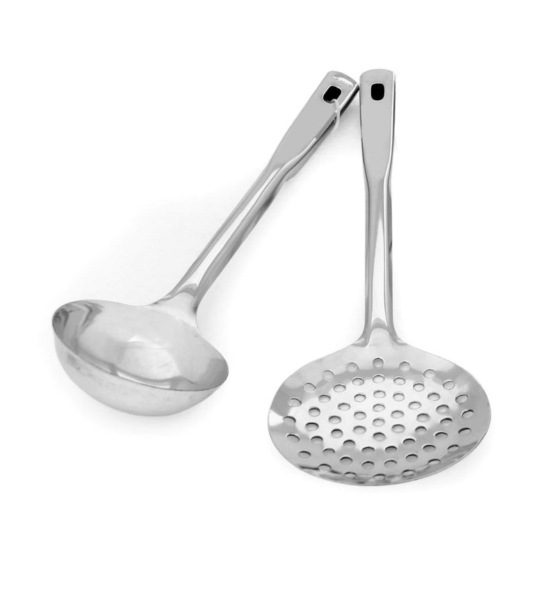 Dharam Paul Traders Dharam Paul Traders Stainless Steel ladle Skimmer poni Spoon Set for Cooking Frying Serving in Kitchen2 Piece Combo Set with Plastic Back  - Image 1