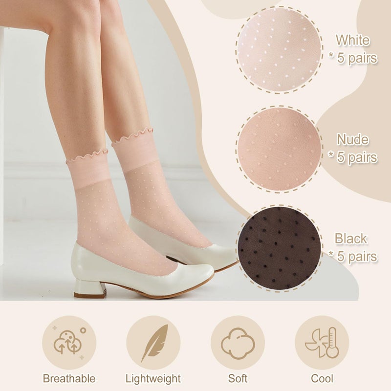 Justay 15 Pairs Sheer Ruffle Socks Woman Summer Cool See Through Thin Stocking Cute Frilly Lace Crew Socks - Image 4