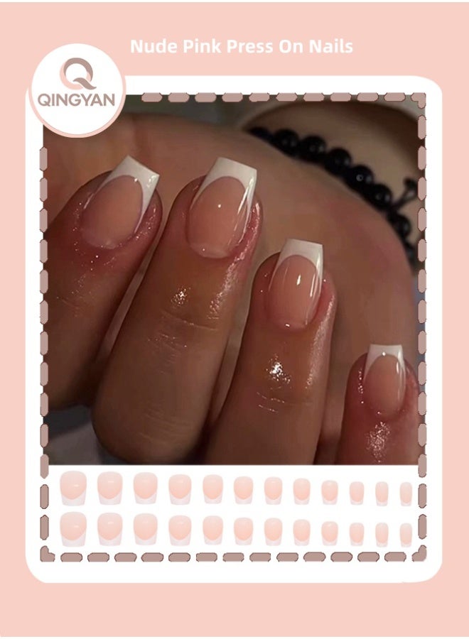 QINGYAN White French Tip Nails, Nude Pink Press On Nails Solid Glue On Nails Full Cover Short Square False Nails For Women Girls Daily Wear 24pcs - Image 1