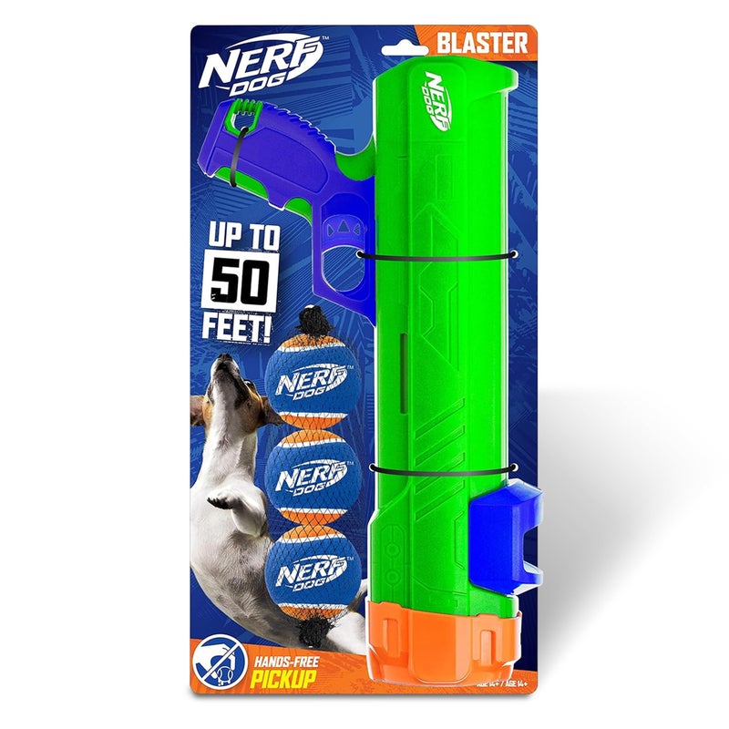 Nerf Dog Tennis Ball Blaster Dog Toy Gift Set, Tennis Ball Dog Fetch Toy Launches up to 50 ft, Dog Ball Thrower for All Breeds Includes Green Tennis Ball Launcher and 3 Dog Tennis Balls - Image 1