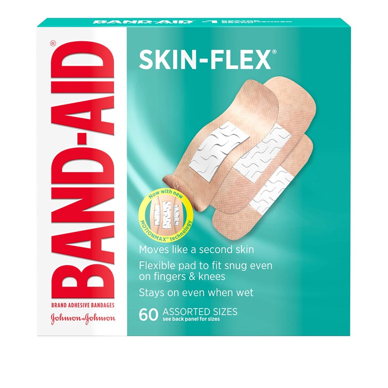 Band-Aid لصقات باند-أيد العلامة التجارية لاصقة مرنة للعناية بالجروح والإسعافات الأولية للجروح الصغيرة والخدوش والحروق، لاصقات مرنة معقمة رائعة للأصابع واليدين والركب، أحجام متنوعة، 60 قطعة - Image 1