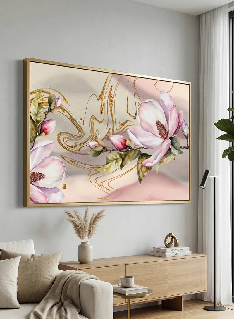 LOWHA Canvas Wall Art Stretched Over Wooden Frame with Gold Floating Frame and Abtract Flower Design