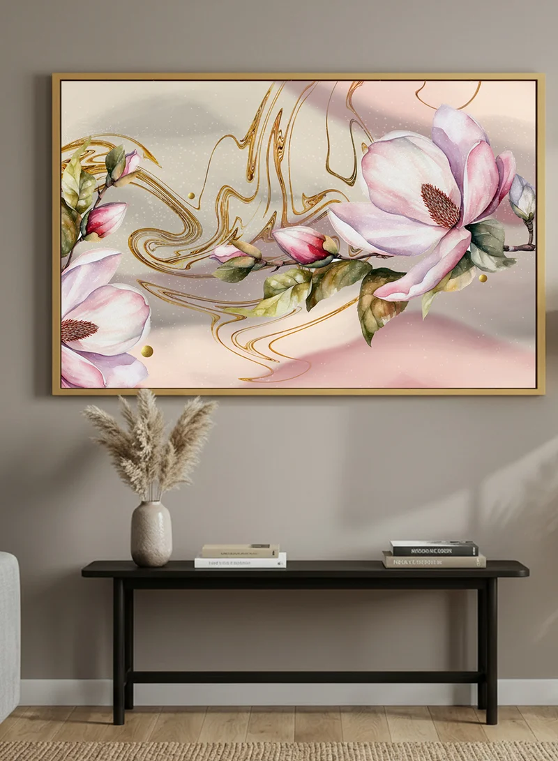 LOWHA Canvas Wall Art Stretched Over Wooden Frame with Gold Floating Frame and Abtract Flower Design