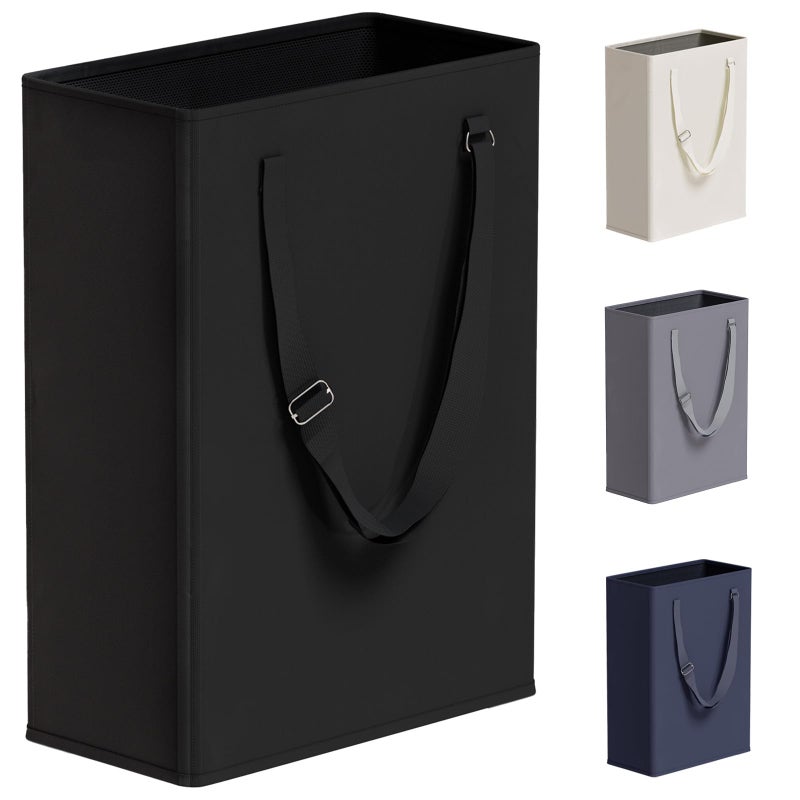 TECHMILLY Slim Laundry Hamper with Adjustable Long Handles 45L Small Laundry Baskets with Mesh Top Narrow Dirty Clothes Hamper for Bedroom Closet and Bathroom  Black 