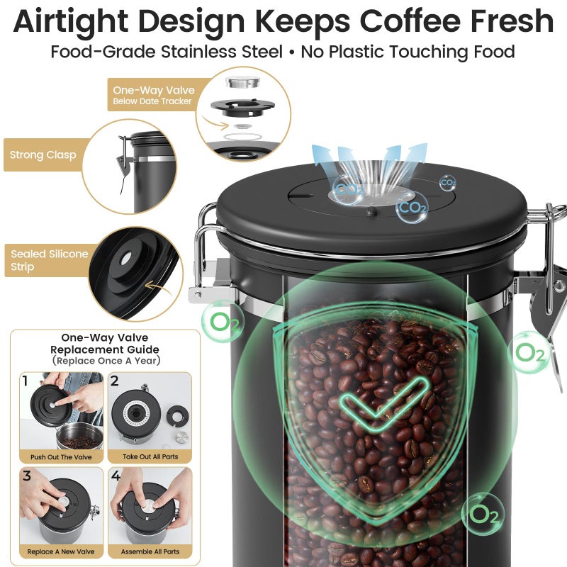 Veken Coffee Canister with Window,Airtight Stainless Steel Pantry Container,Home Kitchen Food Storage Organizers for Ground,Beans,Espresso,Rice,Tea,Sugar,Cereal, Decor,Bar Accessories,Gifts,22OZ,Black - Image 5