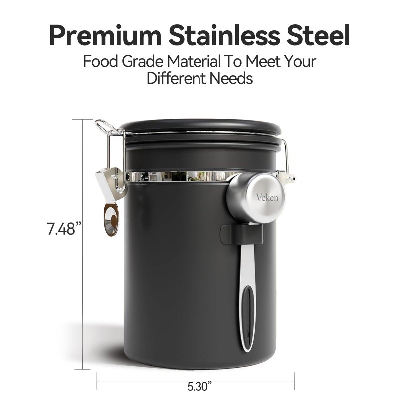Veken Coffee Canister with Window,Airtight Stainless Steel Pantry Container,Home Kitchen Food Storage Organizers for Ground,Beans,Espresso,Rice,Tea,Sugar,Cereal, Decor,Bar Accessories,Gifts,22OZ,Black - Image 2
