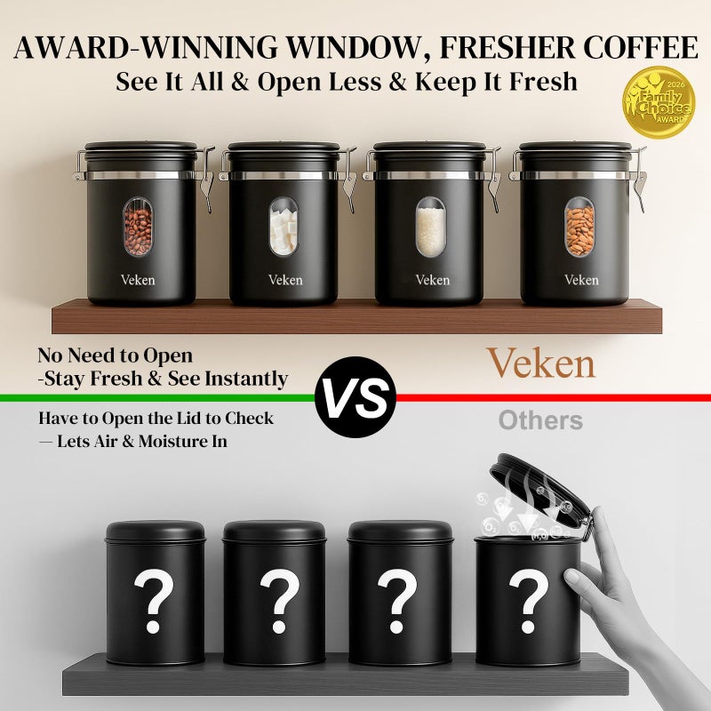 Veken Coffee Canister with Window,Airtight Stainless Steel Pantry Container,Home Kitchen Food Storage Organizers for Ground,Beans,Espresso,Rice,Tea,Sugar,Cereal, Decor,Bar Accessories,Gifts,22OZ,Black - Image 4