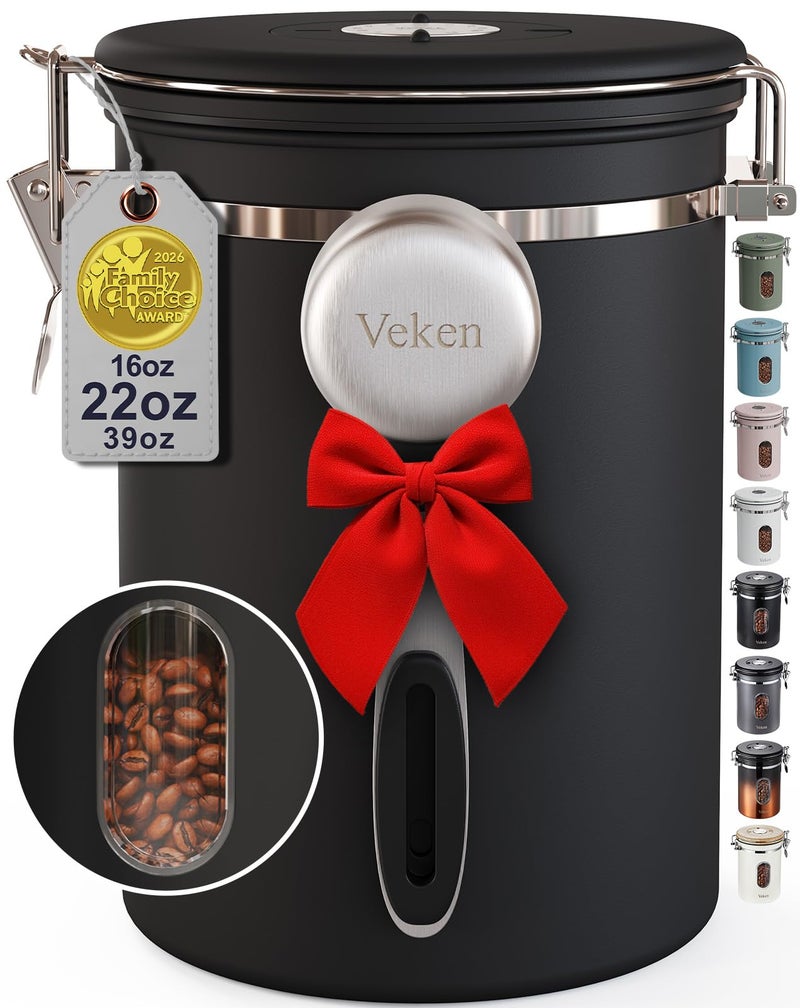 Veken Coffee Canister with Window,Airtight Stainless Steel Pantry Container,Home Kitchen Food Storage Organizers for Ground,Beans,Espresso,Rice,Tea,Sugar,Cereal, Decor,Bar Accessories,Gifts,22OZ,Black - Image 1