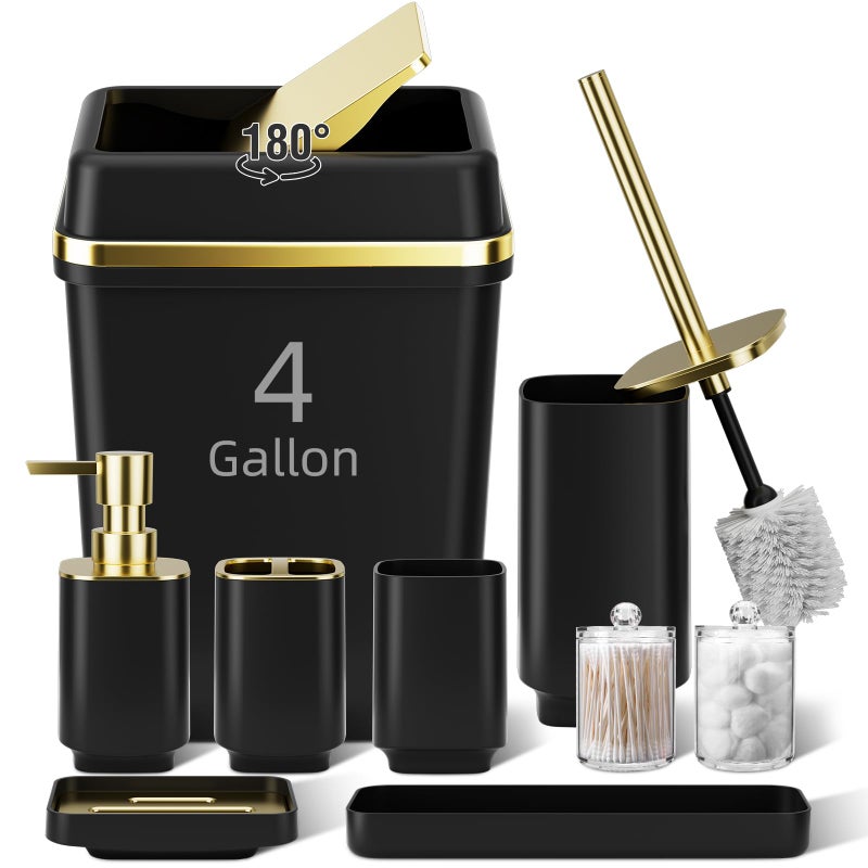 WSBArt 9PCS Bathroom Accessory Set, Black Bathroom Set with Large-Capacity 4 Gallon Trash Can, Bathroom Accessories Set Complete, Toothbrush Holder, Soap Dispenser, Toilet Brush, Bathroom Decor - Image 1