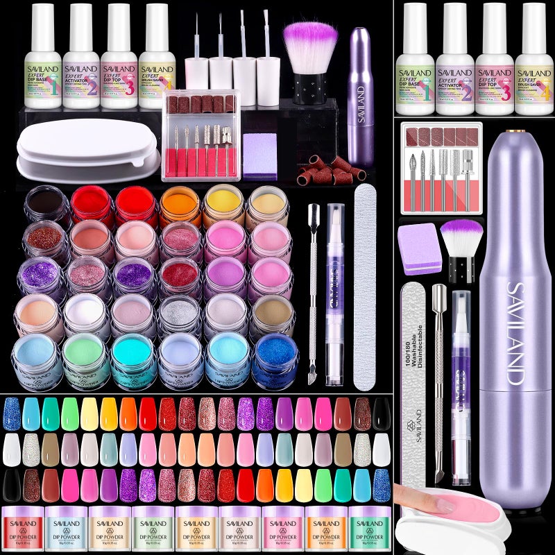 SAVILAND Dip Powder Nail Kit with Drill: Starter Set 30 Colors Summer Spring Keratin Dip Nails Powder with Dipping Liquid Set Activator Base Top Coat Cuticle Oil for DIY Manicure Art Christmas Gift - Image 1