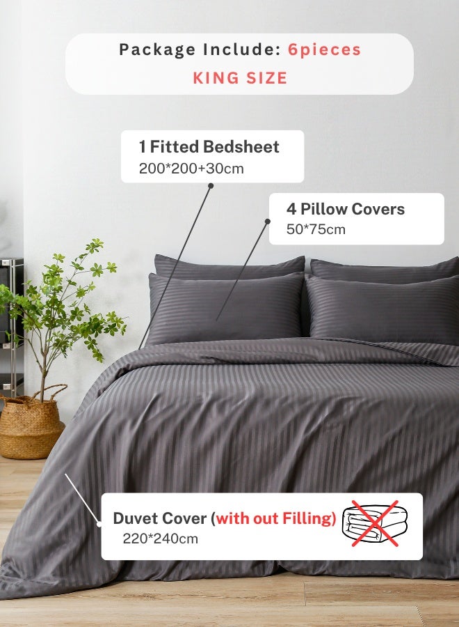 LUNA Home Premium King Size 6 Pieces Bedding Set without filler, Solid Dark Gray Color, Satin Stripe Design. - Image 2