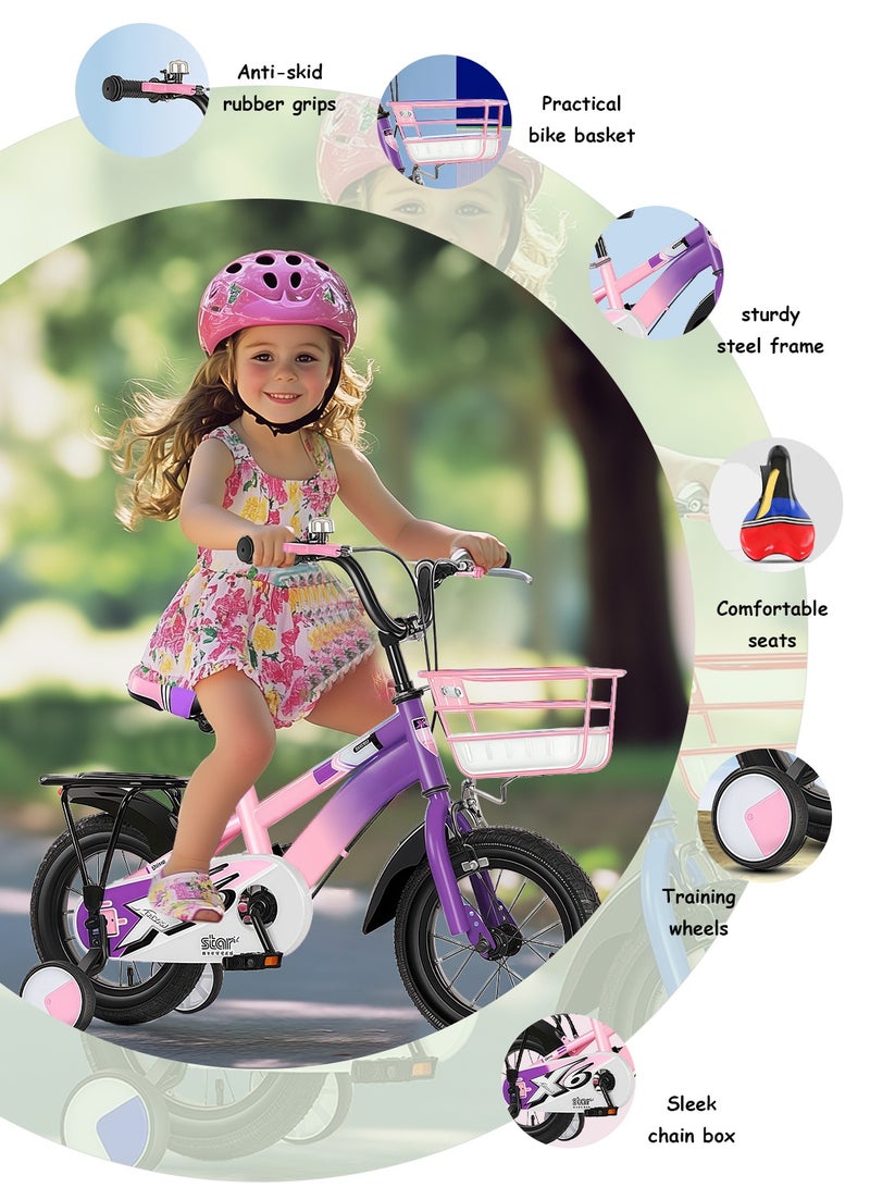 MaBaby دراجة أطفال 12-14-16 بوصة، دراجة توازن مع عجلات تدريب وسلة، مقعد خلفي ومقود قابل للتعديل، دراجة للبنات والأولاد - Image 2