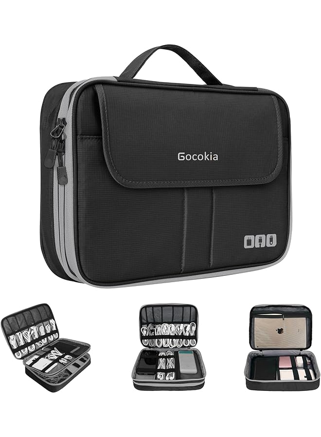 erorex Double Layers Large Capacity Travel Electronic Accessories Organizer Bag 2 Front Pockets Travel Gadget Carry Case Perfect Size Fit For Ipad Iphone Cables Power Bank Tablet 10.2’’ Black - Image 1